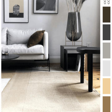 masculine style, masculine living room, light gray, black and white, ochre, honey oak, dark gray, bronze color, trnk furniture, gray walls, contemporary living room, modern white sofa, rustic oak flooring, dhurrie rugs