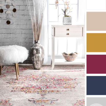 pink and gold, pink medallion color palette, pink, pink rug, medallion rug, dove gray, dark blue, navy blue, dark pink, golden yellow, light beige, light tan, white sheepskin, sheepskin ottoman