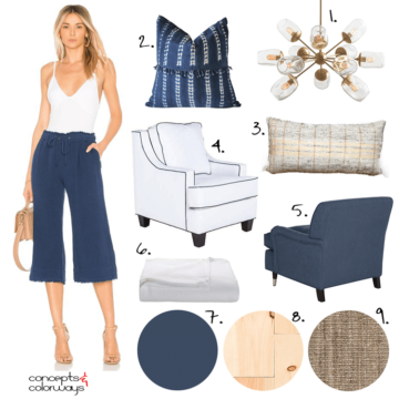 navy and white, coastal style, coastal bedroom, starburst chandelier, navy chair, white chair, indigo pillows, white blanket, maple flooring, navy and white outfits, kilim pillows, indigo batik, jute rug, pantone sailor blue