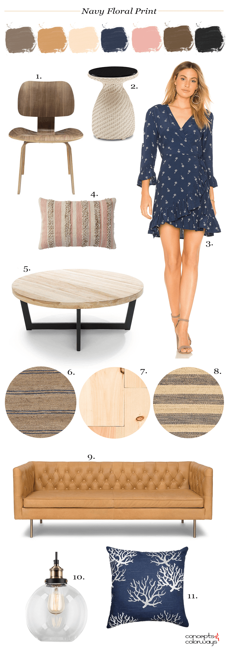 navy floral pillow, navy floral dress, navy striped rug, jute rug, natural fiber rug, nautical living room, modern living room, glass globe pendant light, tan leather sofa, pine flooring, round coffee table, blush pink pillows, eames style chair, woven side table, pantone sailor blue