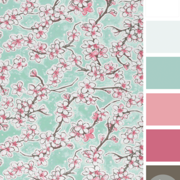 aqua cherry blossoms, pantone rapture rose, rapture rose, aqua, cherry blosssom, cherry blossom fabric, hot pink, fuchsia, bright pink, bubblegum pink, mint green, aqua green, light mint green, white fowers, brown branches, aqua and pink