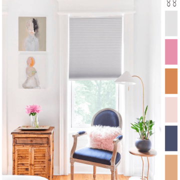 hot pink, blush pink, light gray, white walls, copper orange, navy blue, honey oak, charcoal grey, pink and navy, pantone sailor blue