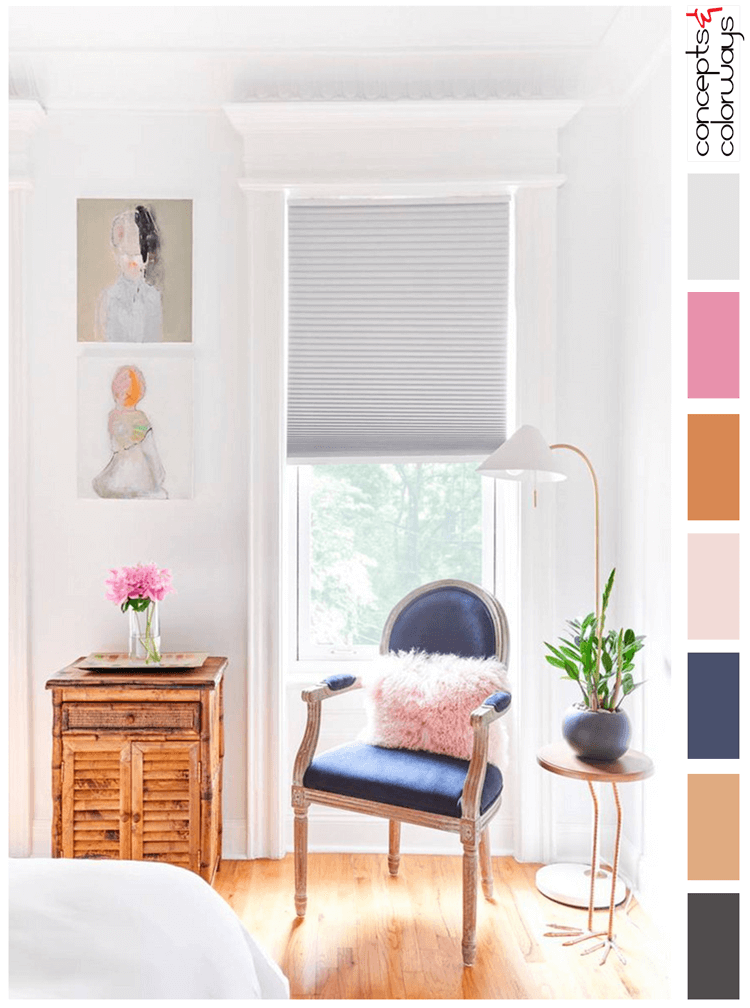 hot pink, blush pink, light gray, white walls, copper orange, navy blue, honey oak, charcoal grey, pink and navy, pantone sailor blue