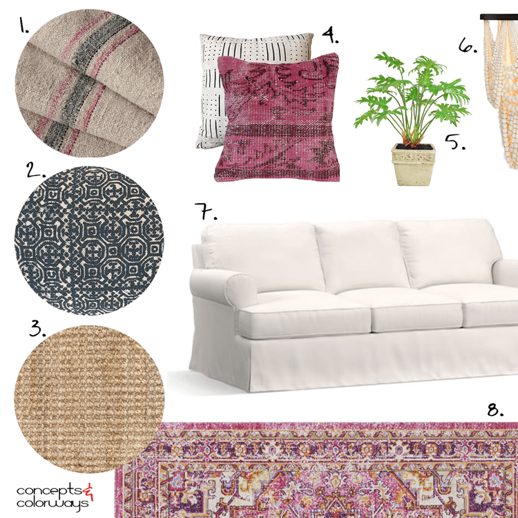 cozy living room, white walls, white curtains, white sheer curtains, white slipcovers, sofa slipcovers, white sofa, kilim pillows, berry pink, mudcloth pillow, black and white, beaded chandelier, ivory, pink flowers, green plants, jute rug, indigo batik, grain sack fabric, pink persian rug, pantone warm sand