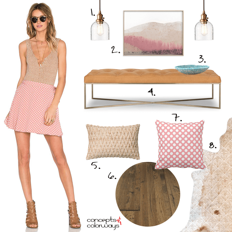 pink polka dot skirt, pink polka dot, tan bodysuit, bodysuit, pink and tan, pink and beige, brass and glass, brass pendant light, tan leather bench, woven bowl, turquoise, polka dot pillows, pink polka dot pillow, textured pillows, hickory flooring, cowhide rug, pantone warm sand, pantone ash rose