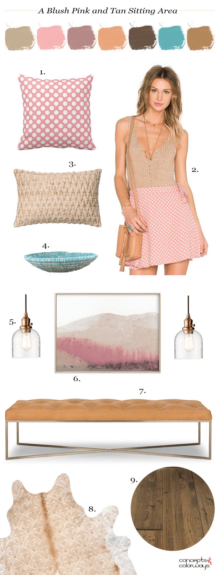 pink polka dot skirt, pink polka dot, tan bodysuit, bodysuit, pink and tan, pink and beige, brass and glass, brass pendant light, tan leather bench, woven bowl, turquoise, polka dot pillows, pink polka dot pillow, textured pillows, hickory flooring, cowhide rug, pantone warm sand, pantone ash rose