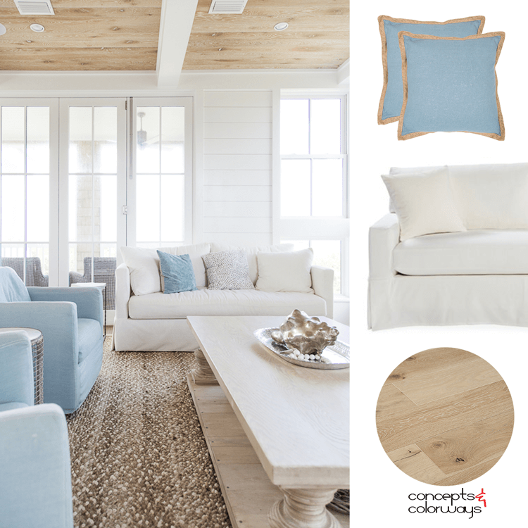 coastal casual, coastal living rooms, coastal color schemes, beach house interior, coastal decor, beach decor, light blue, pale blue, sky blue, tan and blue, white walls, sun bleached wood, metal seashells, textured rug, light blue chair, sky blue chair, casual sofa, white shiplap, warm sand, light tan, light gray, dark bronze, warm brown, light brown, ceiling beams, wood ceiling panels, ivory