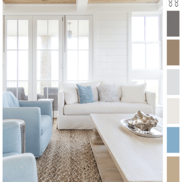 coastal casual, coastal living rooms, coastal color schemes, beach house interior, coastal decor, beach decor, light blue, pale blue, sky blue, tan and blue, white walls, sun bleached wood, metal seashells, textured rug, light blue chair, sky blue chair, casual sofa, white shiplap, warm sand, light tan, light gray, dark bronze, warm brown, light brown, ceiling beams, wood ceiling panels, ivory