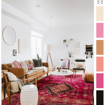 vintage pinks, bubblegum pink, peach, fuchsia pink, light tan, ivory, black and white, warm tan, pink vintage rug, pink rug, hot pink rug, white walls, vintage living room, tan leather sofa, tan leather pouf, moroccan pouf, leather pouf, french oak flooring, white garden stool, safari chair, sheepskin pillow, natural sheepskin, mudcloth, kilim pillows, sheepskin throw, round mirror, fiber wall hanging, pantone warm sand