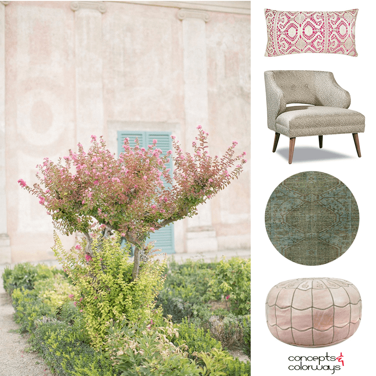 bubblegum pink, pink and green, blush pink, blush pink walls, aqua blue, turquoise blue, sage green, dark green, pretty color palettes, feminine color palette, color palette, pink blooms, blooming garden, pink pillows, blush pink pouf, turquoise and green rug, pink blossom tree