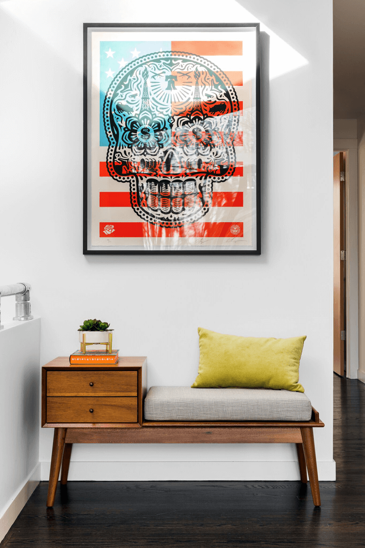 mid century modern, mid century modern furniture, skull wall art, american flag wall art, chartreuse pillow