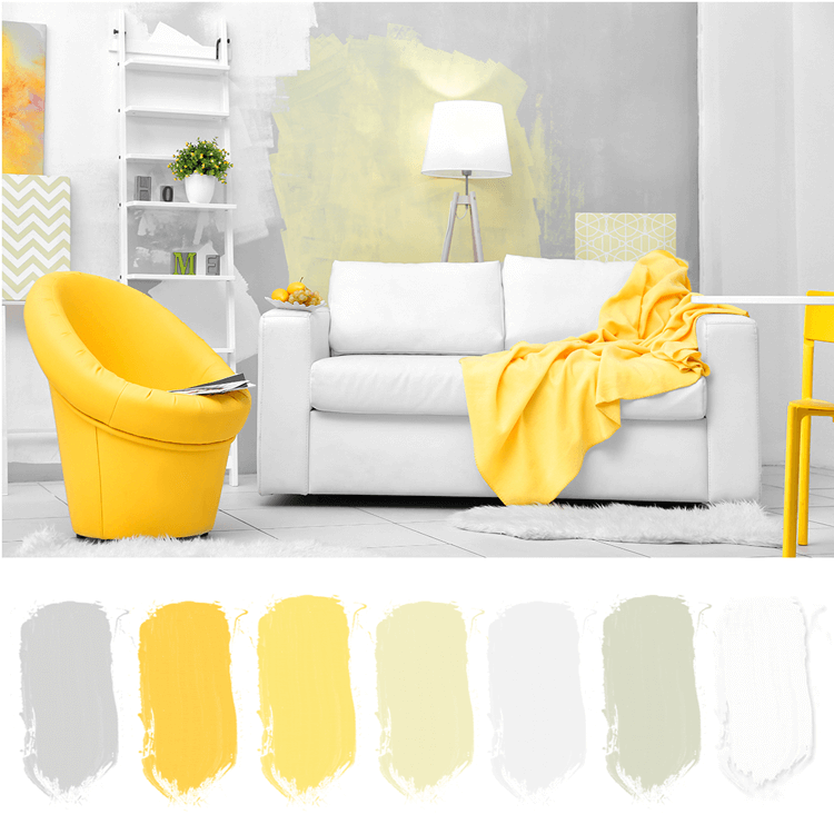 gray white and bright yellow living room