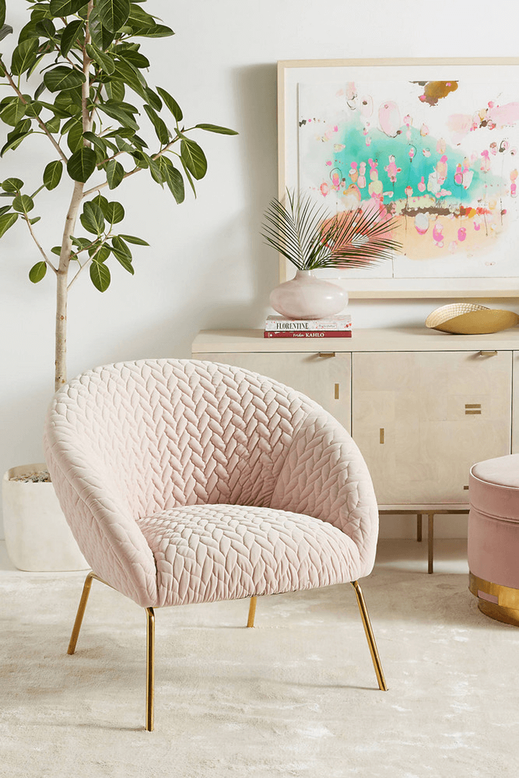 blush pink decor, blush pink chair, gold legs, retro style chair