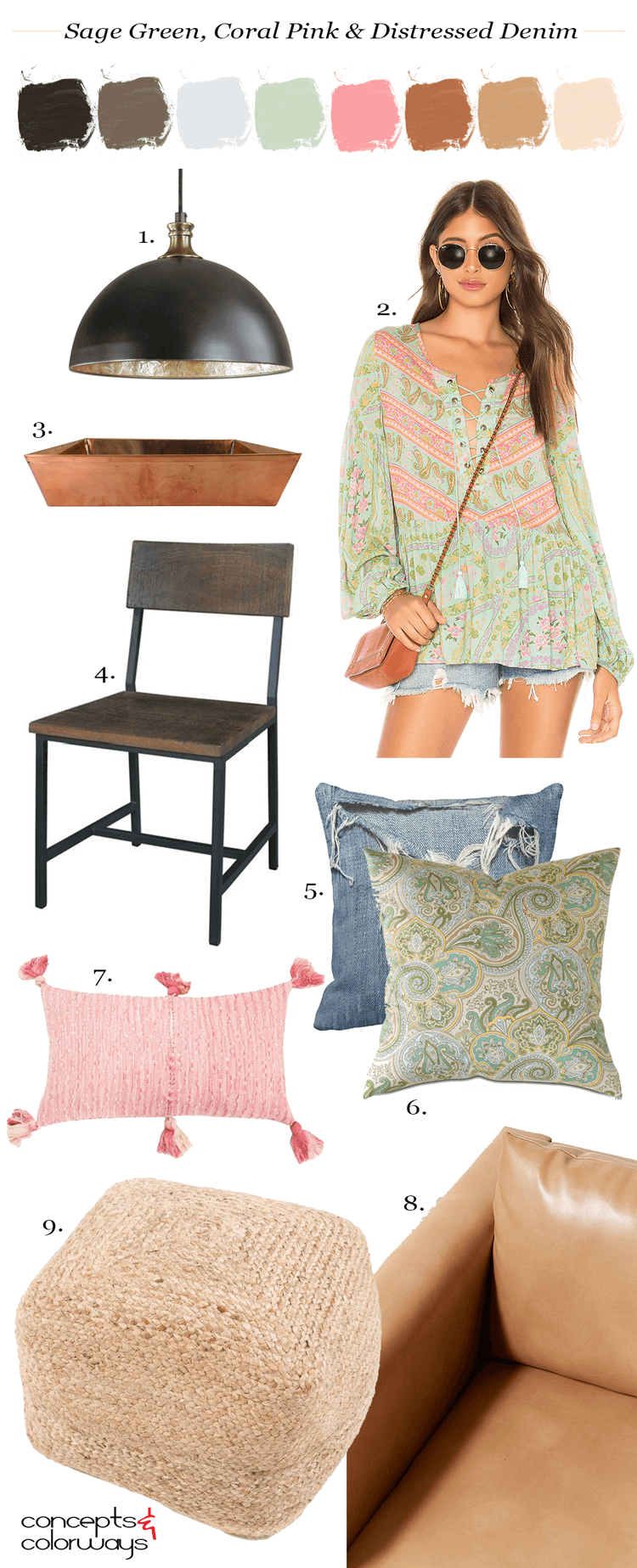 casual living, pink and green, sage green, sage green decor, coral pink, distressed denim, bronze pendant light, copper serving tray, dark wood, paisley pillows, tassel pillow, denim pillows, tan leather sofa, natural fiber pouf, sage green blouse with pink accents, distressed denim cut off shorts