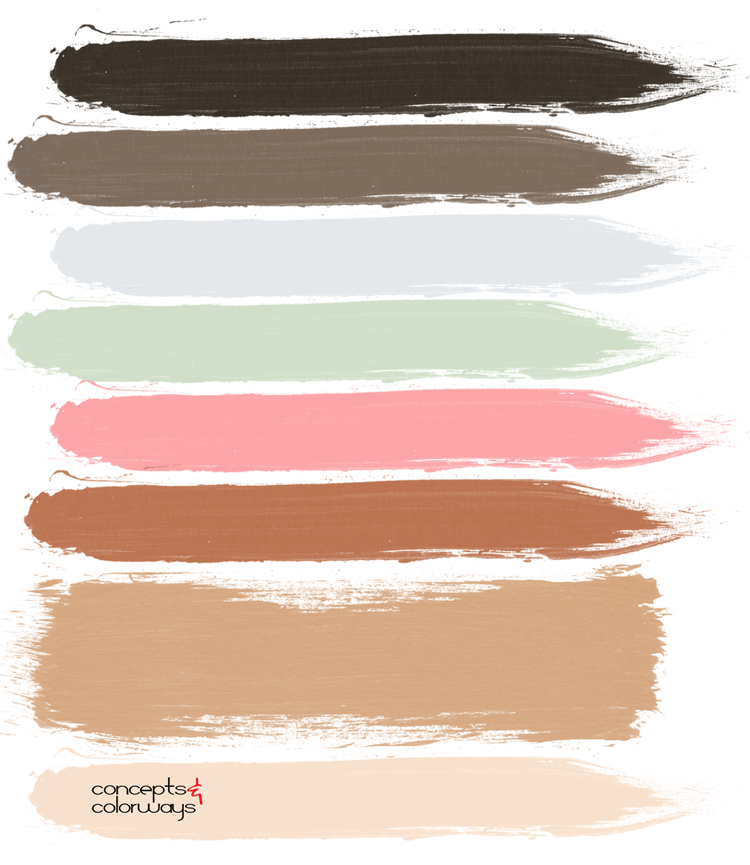 casual living, paint palette, sage green, coral pink, distressed denim, faded blue, pink and green, bronze, copper, light beige, tan