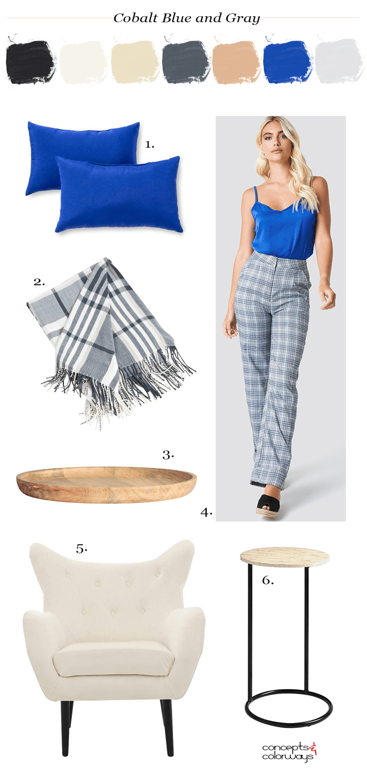 cobalt blue, plaid pattern, natural wood, blue throw pillows, plaid throw, plaid blanket, plaid throw blanket, wooden tray, plaid pants, blue and gray, cobalt blue top, pantone palace blue, warm tan, cool gray, blonde, ivory, black, round side tale, modern wingback chair