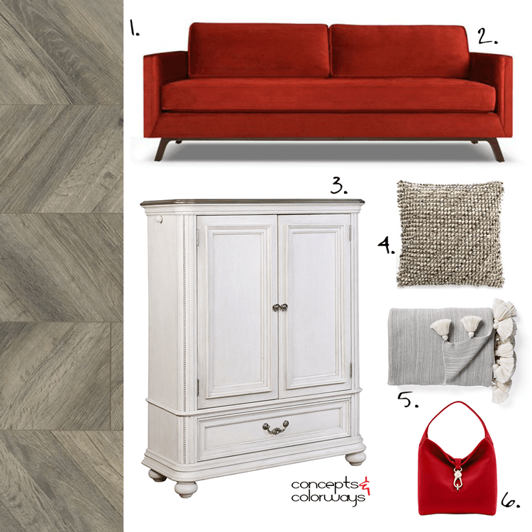 red sofa, red courch, french chateau, chevron wood floor, herringbone wood floor, grey hardwood floors, gray hardwood floors, textured pillows, tassel throw blanket, armoire, red handbags, pantone chili oil, bright red, antigue ivory, warm gray