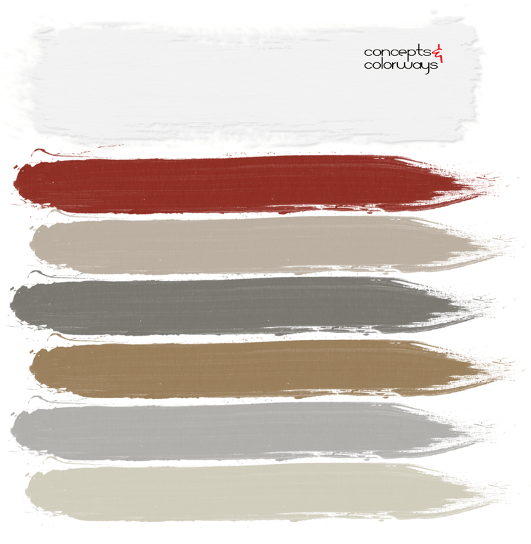 french chateau, bright red, warm gray, grunge gray, light brown, ivory, antique white, pantone chili oil