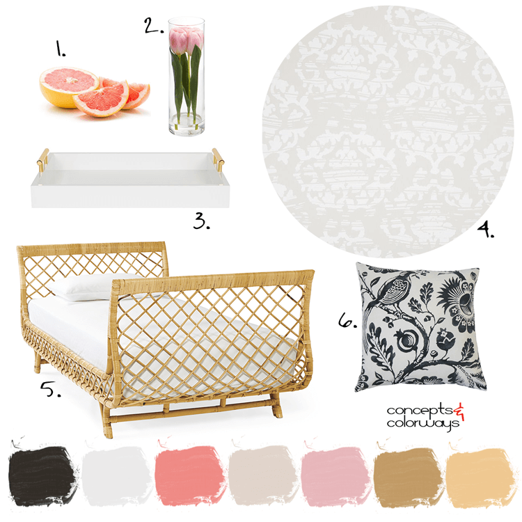 pink and gold, rattan bed, black and white pillows, black and white floral pillow, pink grapefruit, white serving tray, gold handles, damask wallpaper, pink tulips, clear glass vases, guest bedroom, blush pink, light taupe, grey and white, black and white floral print, gold decor, gold accents