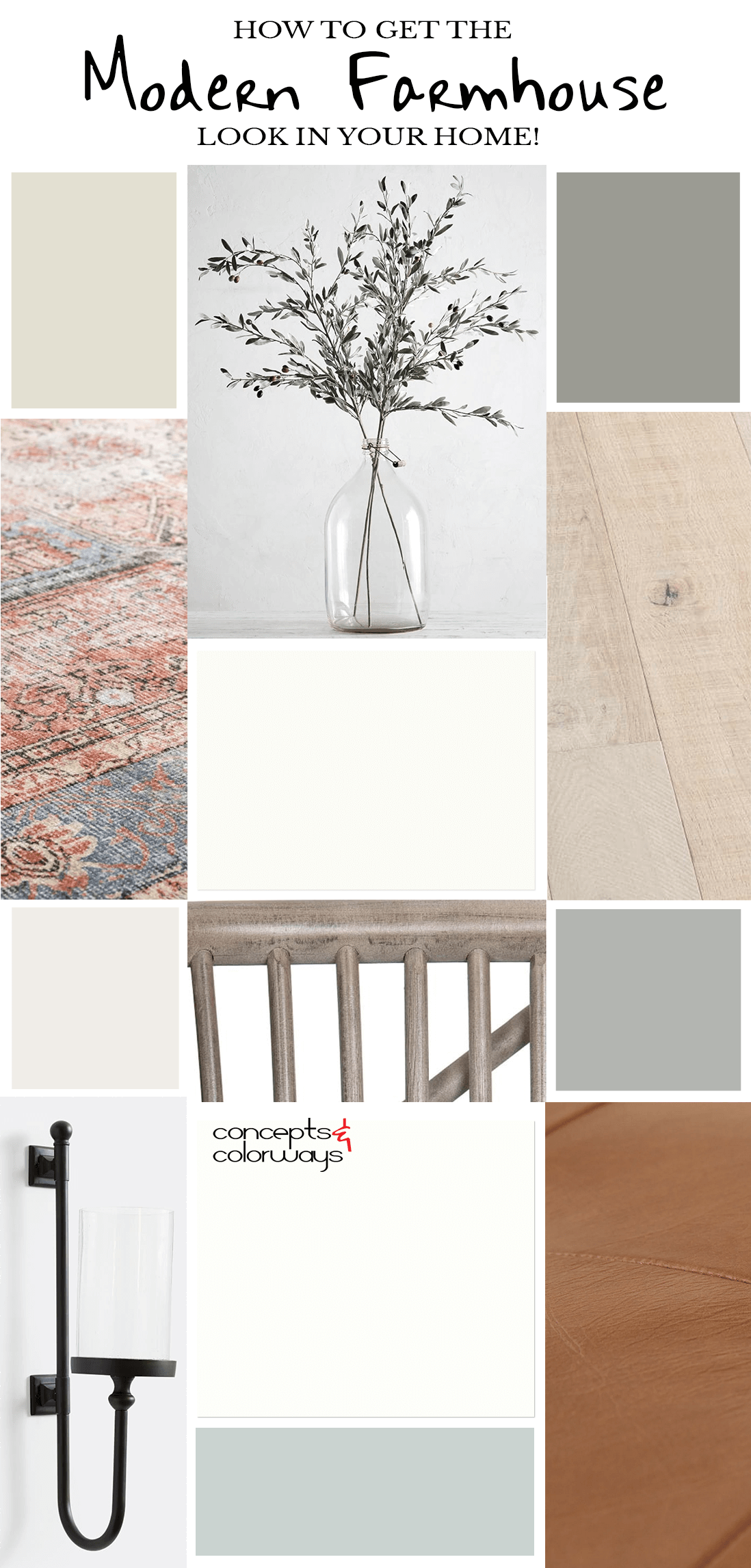 Interior paint color palette for modern farmhouse home that goes with Sherwin Williams Silvermist. Terra cotta red distressed rug, olive branches, light wood flooring, cognac leather. blue-green paint, warm white, robins egg blue, duck egg blue