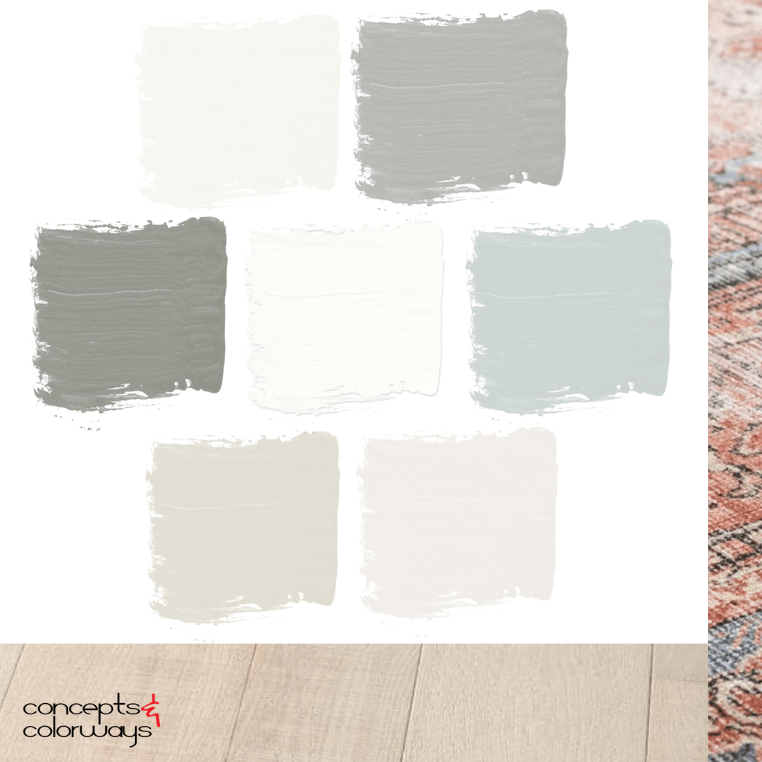 An interior paint palette for a modern farmhouse home that goes with Sherwin Williams Silvermist, light wood flooring and a terra cotta red distressed rug. (warm white, bright white, robins egg blue, duck egg blue, khaki tan, blue-green paint)