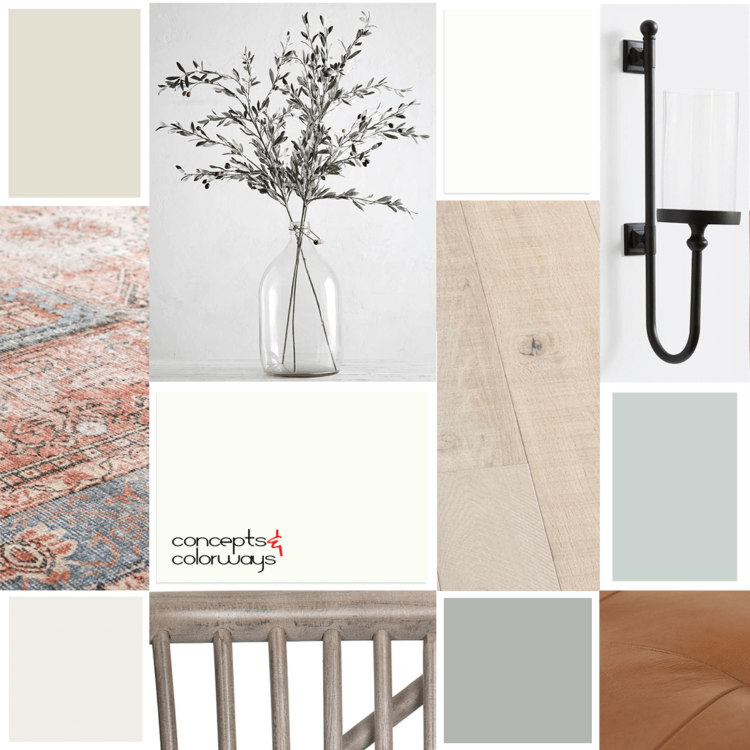 Interior paint color palette for modern farmhouse home that goes with Sherwin Williams Silvermist. Terra cotta red distressed rug, olive branches, light wood flooring, cognac leather. blue-green paint, warm white, robins egg blue, duck egg blue