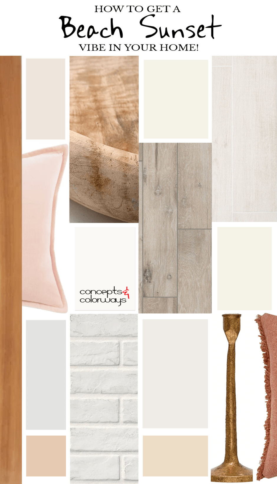 Interior paint color palette with warm neutral paint colors that goes with Sherwin Williams High Reflective White. Rust red, dusty peach, teak wood, white brick, rustic wood, antique gold, ochre brown, bright white, ivory white, light gray, light taupe, light tan, light beige, sand brown, gray wood tile, rustic wood tile, white wood tile