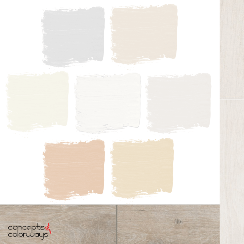 An interior paint palette with warm neutral paint colors that coordinate with Sherwin Williams High Reflective White. Rustic gray wood tile, white wood tile, light gray, light tan, ivory white, bright white, light taupe, light beige, sand brown