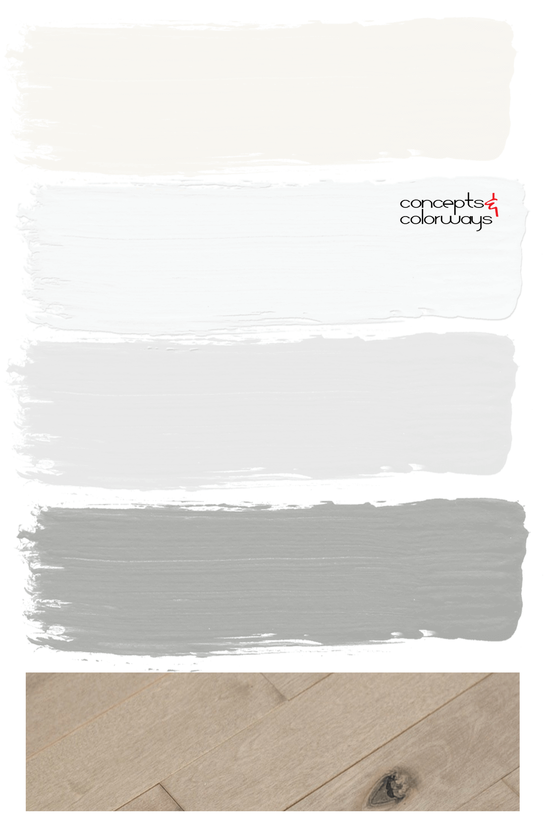 A Scandinavian farmhouse interior paint color scheme with coordinating flooring option. These neutral paint colors work great with Scandinavian decor and includes cool white, bright white, warm gray and charcoal gray. Pair with birch wood flooring.