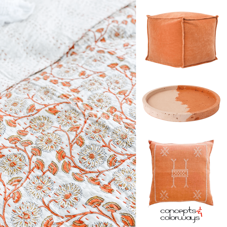 A collection of burnt orange decor to add a pop of color to any interior. Add sizzle to your room with these bright orange accent pieces like a burnt orange pillow, serving tray or pouf ottoman. A blanket with delicate flowers in this color is also a gorgeous option.