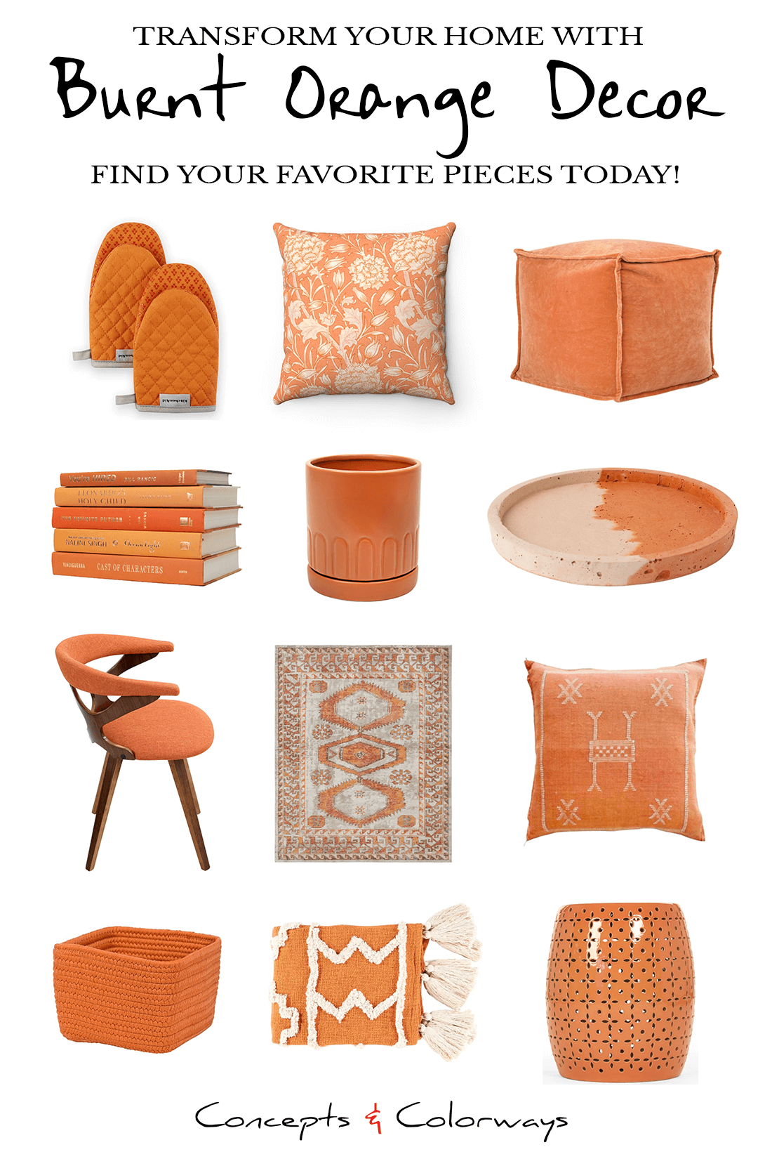 A collection of burnt orange decor to add a pop of color to any interior. Add sizzle to your room with these bright orange accent pieces like a burnt orange pillow, burnt orange chair, burnt orange sofa, burnt orange rug or burnt orange throw blanket.