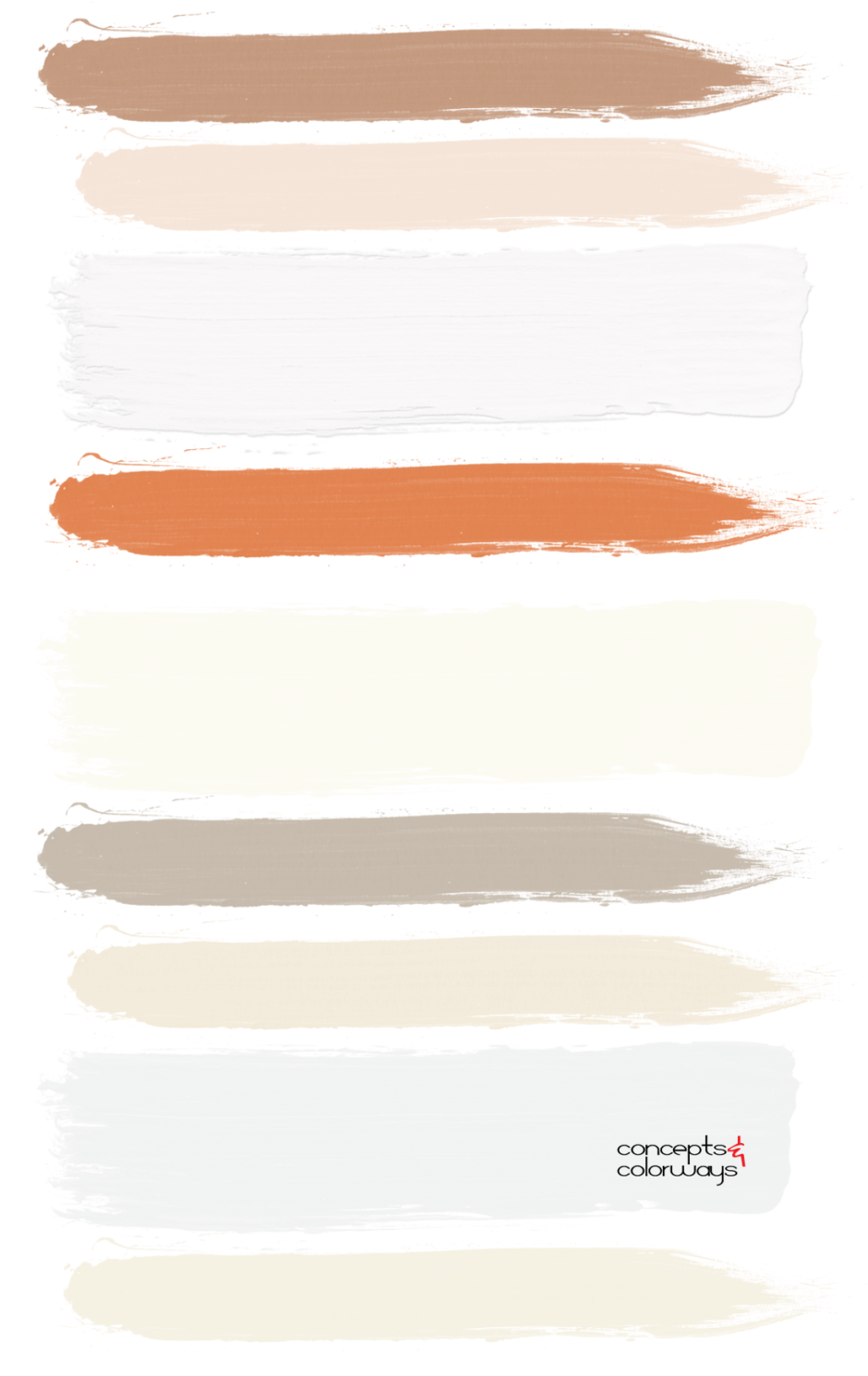 A peach and cream home paint color palette that coordinates with bright orange decor. Colors include bright orange, light peach, warm brown, ivory white, bright white, cool white, creamy white, light tan and gray brown.