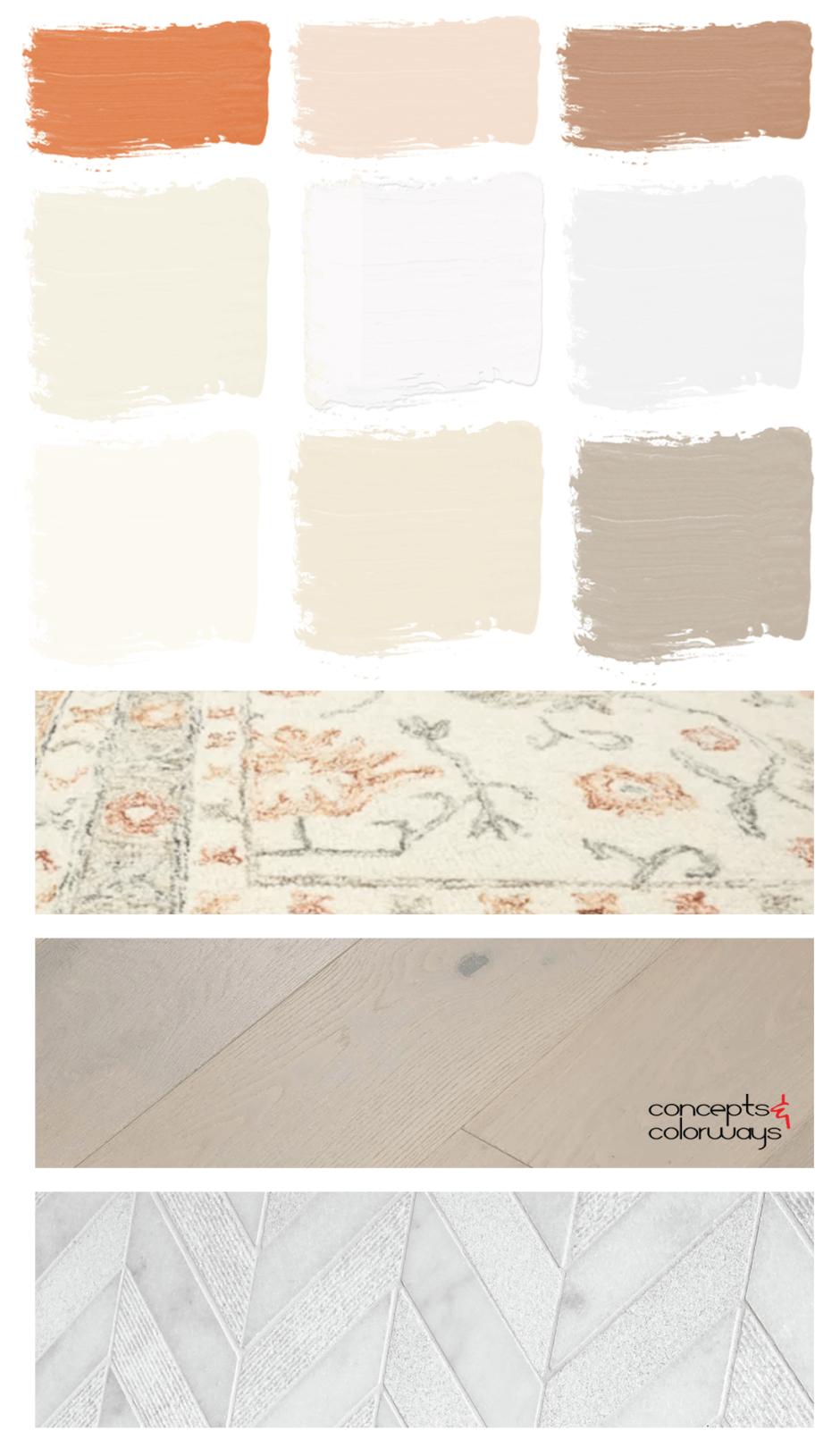 A peach and cream home paint color palette that coordinates with bright orange decor. Colors include bright orange, light peach, warm brown, ivory white, bright white, cool white, creamy white, light tan and gray brown. Coordinates with white marble and gray brown wood.