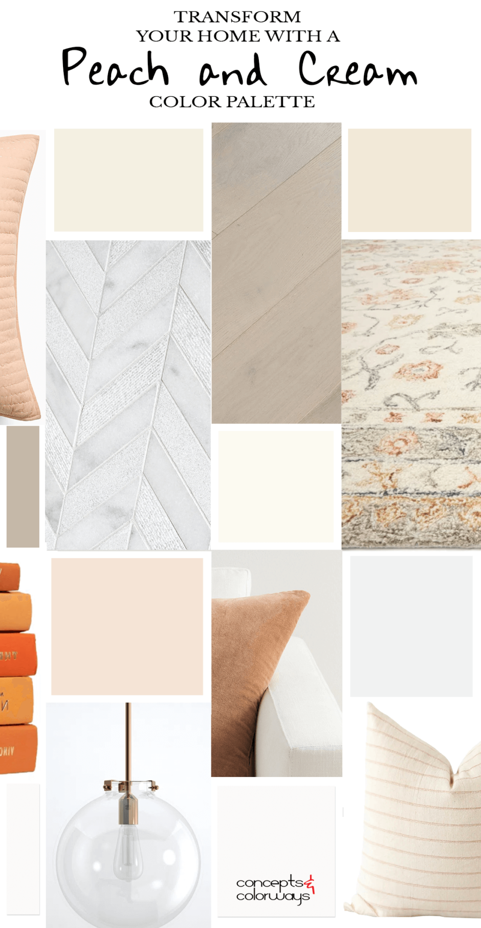 A peach and cream home paint color palette and mood board that coordinates with bright orange decor. Colors include bright orange, light peach, warm brown, ivory white, bright white, cool white, creamy white, light tan and gray brown. Coordinates with gray brown wood and white marble finishes.