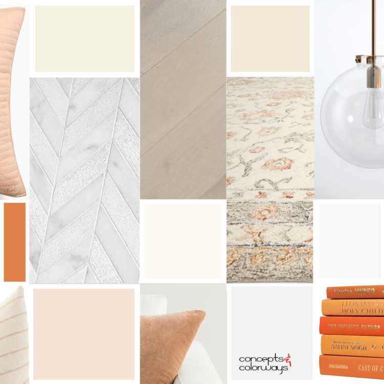 A peach and cream home paint color palette and mood board that coordinates with bright orange decor. Colors include bright orange, light peach, warm brown, ivory white, bright white, cool white, creamy white, light tan and gray brown. Coordinates with gray brown wood and white marble finishes.