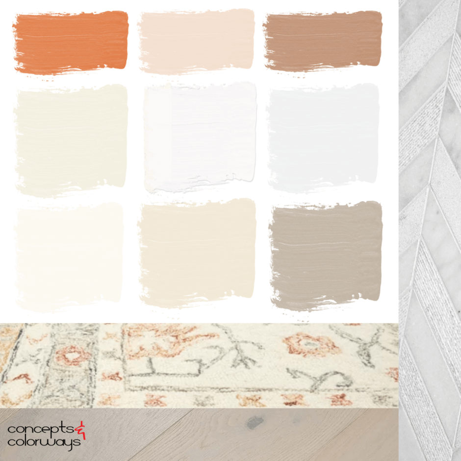 A peach and cream home paint color palette that coordinates with bright orange decor. Colors include bright orange, light peach, warm brown, ivory white, bright white, cool white, creamy white, light tan and gray brown. Coordinates with white marble and gray brown wood.