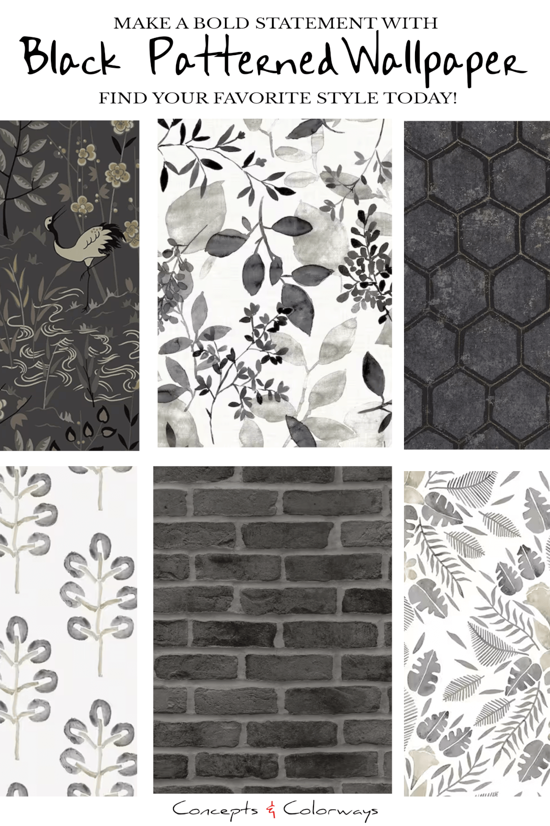 A collection of black wallpaper to add a bold statement to any room. Find your favorite styles from a selection of black and white floral wallpaper, black and white striped wallpaper, black brick wallpaper, black grasscloth wallpaper, black wood look wallpaper, black geometric wallpaper and black floral wallpaper.