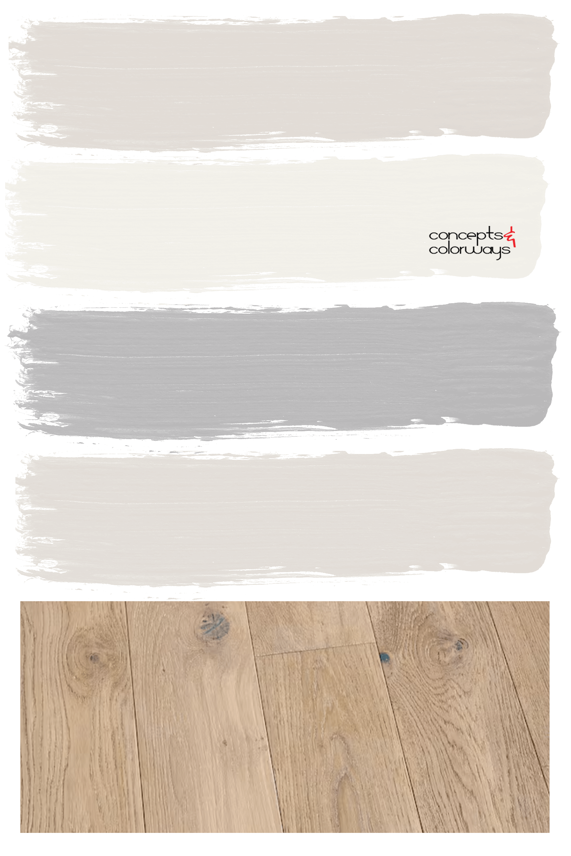 A paint color scheme for the warm white and lilac greige palette which includes a warm white, warm greige, cool white and lilac gray. This paint palette coordinates with french oak flooring.