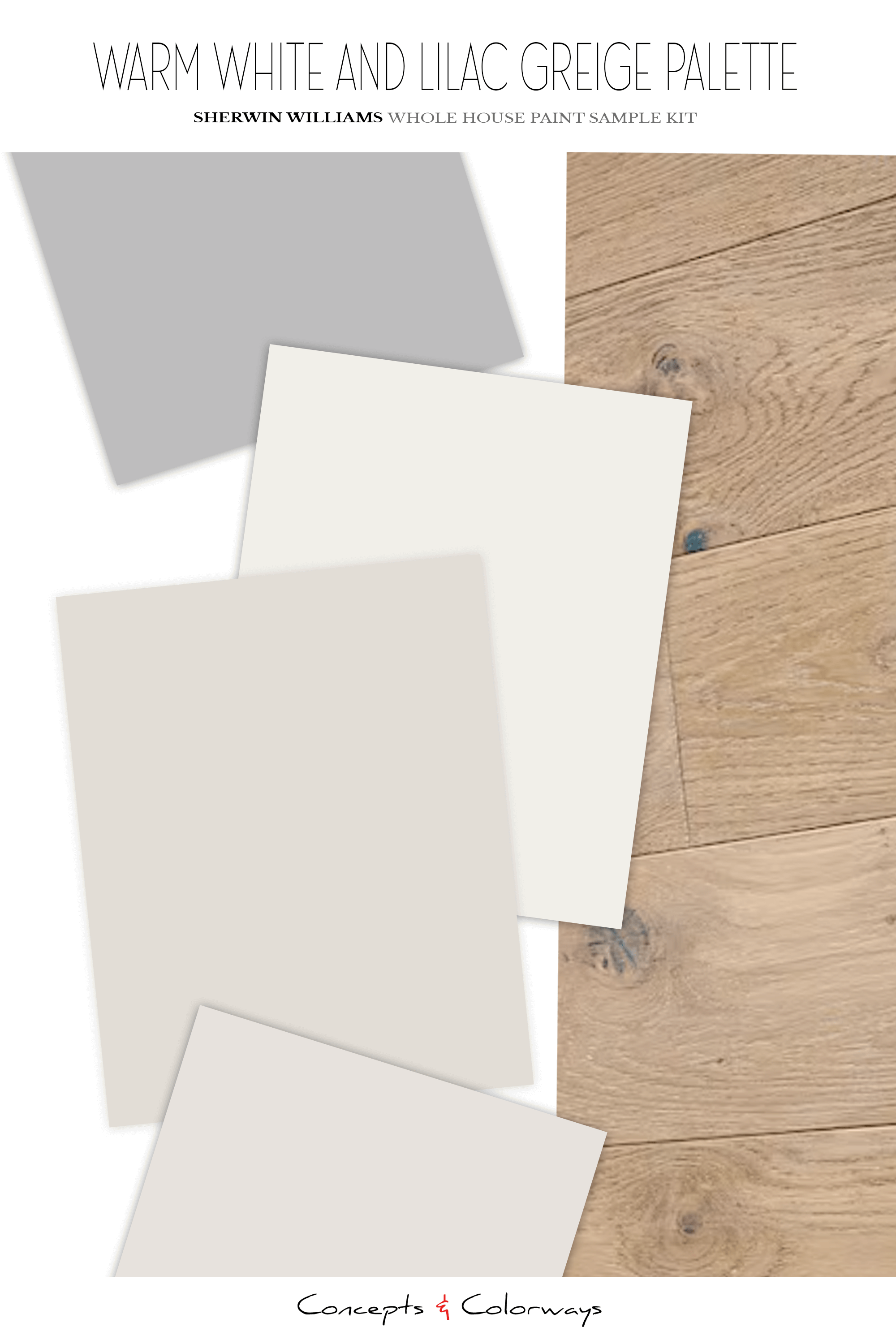 A paint color sample kit for the warm white and lilac greige palette which includes a warm white, warm greige, cool white and lilac gray. An optional french oak flooring sample is available that coordinates with this paint palette.