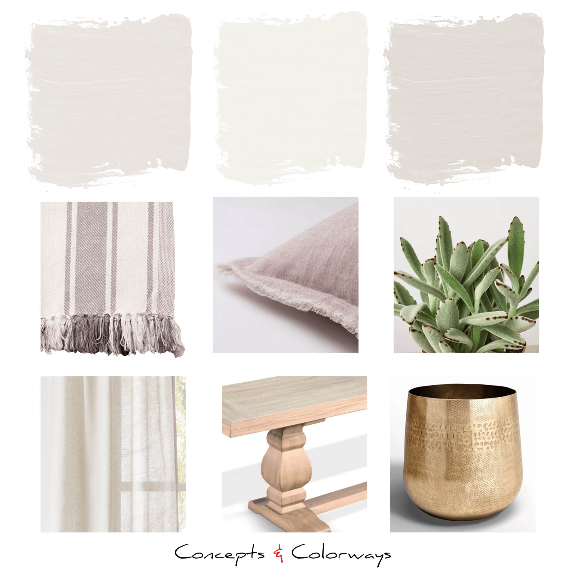 A paint color palette for the warm white and lilac greige palette which includes a warm white, warm greige, cool white and lilac gray. This paint color palette coordinates with lilac decor, succulent plants, french oak flooring, linen sheer curtains, antique gold finishes and light lavender throw pillows.