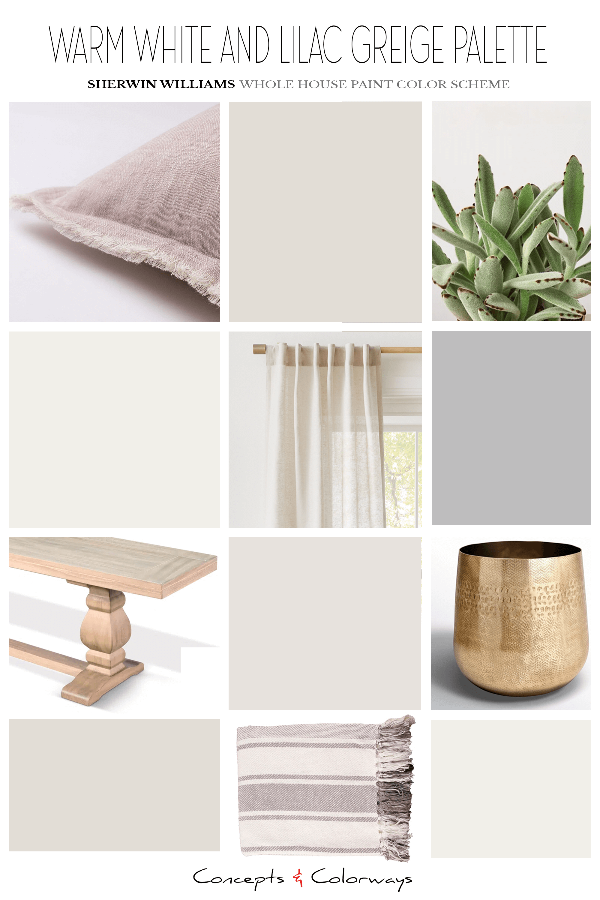 A paint color palette for the warm white and lilac greige palette which includes a warm white, warm greige, cool white and lilac gray. This paint color palette coordinates with lilac decor, succulent plants, french oak flooring, linen sheer curtains, antique gold finishes and light lavender throw pillows.